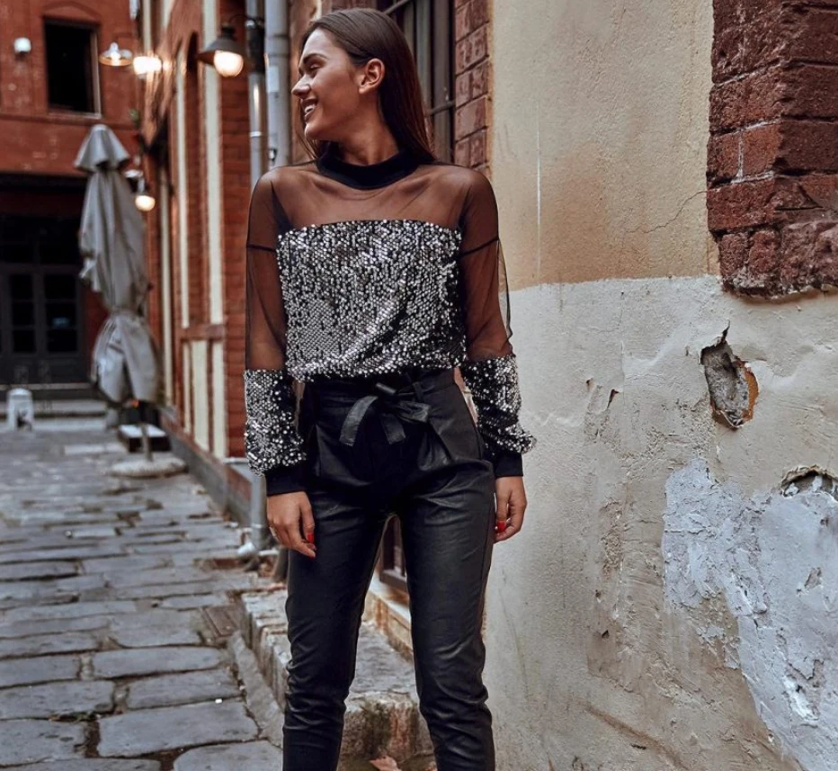 Женские мини-футболки с блестками сетчатые футболки высоким воротом модные