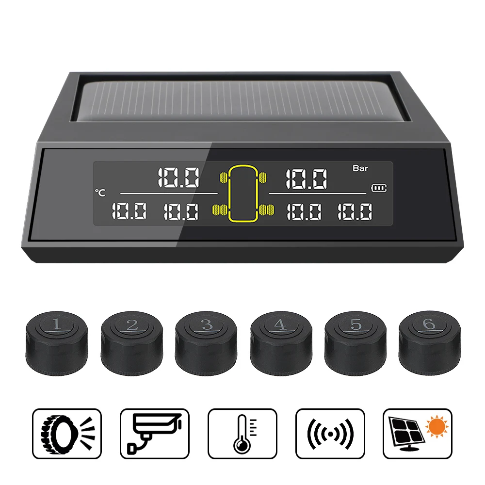 

6Pcs/set LCD Color Screen External Sensor Car Solar Power TPMS Tire Pressure Monitoring System Monitoring Tire Pressure Range