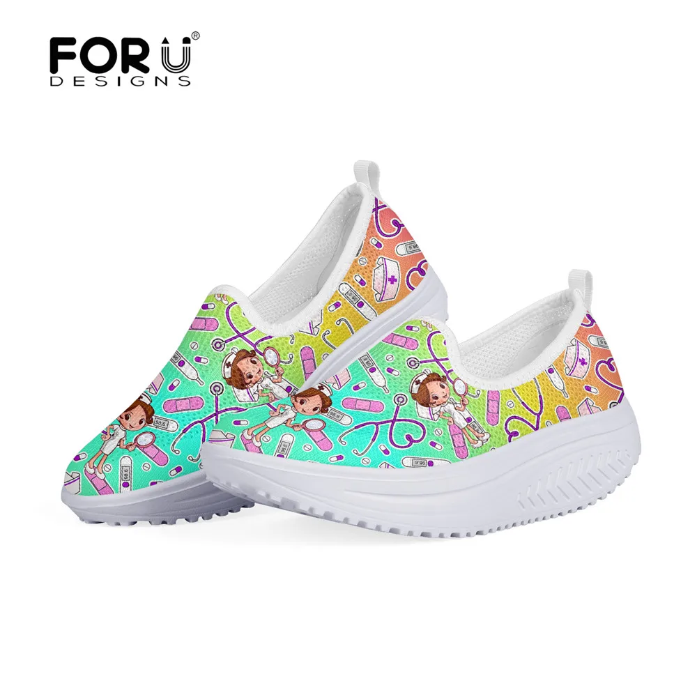 

FORUDESIGNS Rainbow Surgeon Nurse Printed Summer Women Shoes Flats Platform Ladies Height Increasing Swing Slimming Shoes Woman