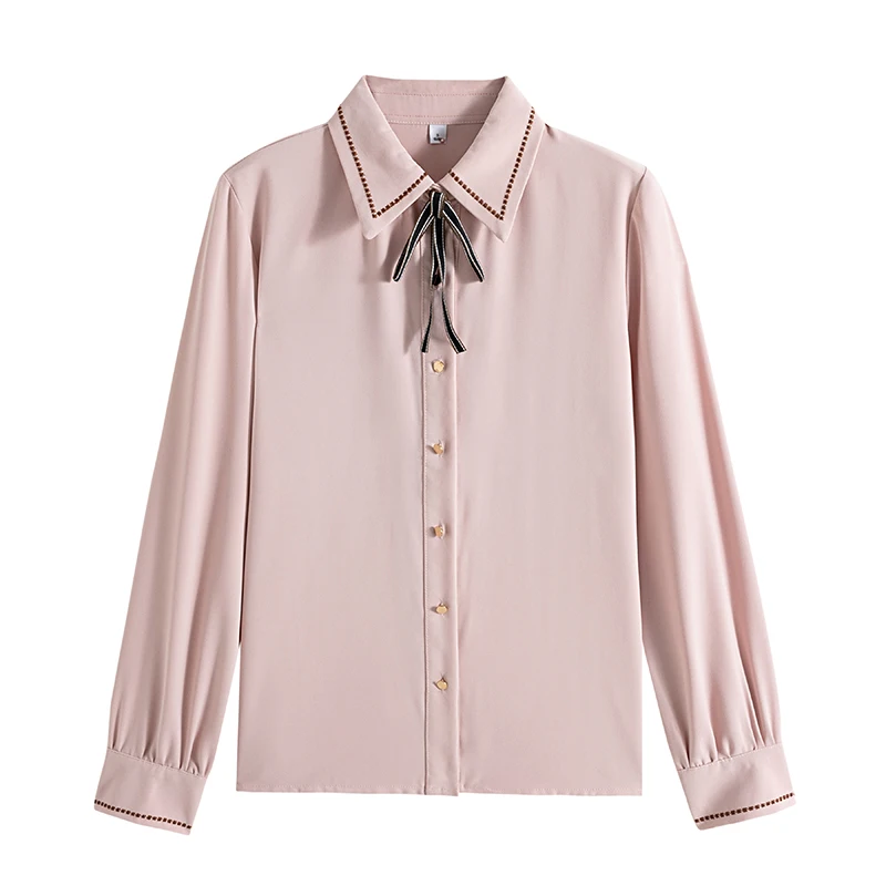 

2021 Spring New Korean Fashion Clothing Bowknot Casual Long-sleeved Button Up Shirt and Blouse