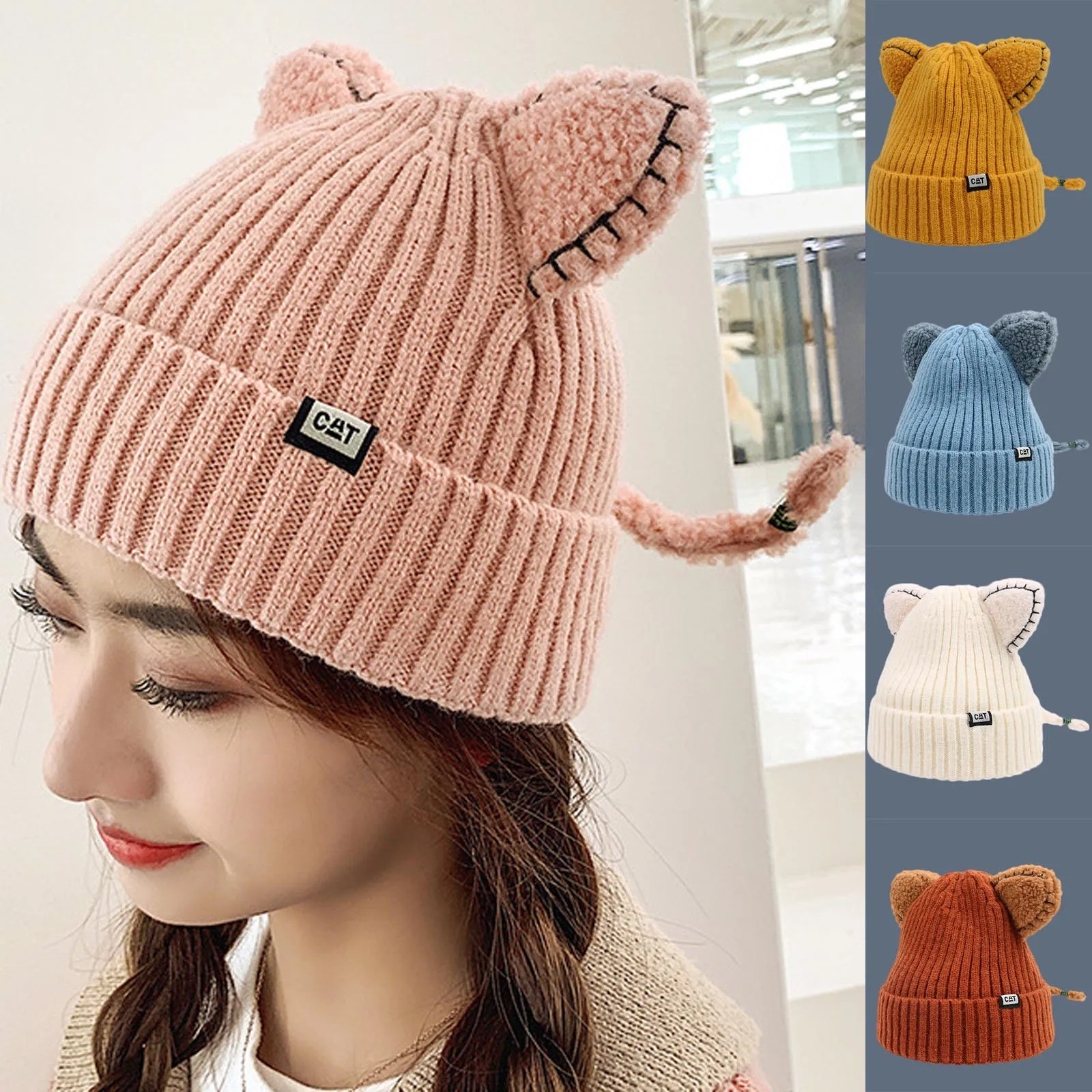 

Beanies Hats Winter Women Cartoon Cat Ears Cute Skull Cap Earflaps Knitted With Tail Korean Sanitaire Warm 2020 New #116