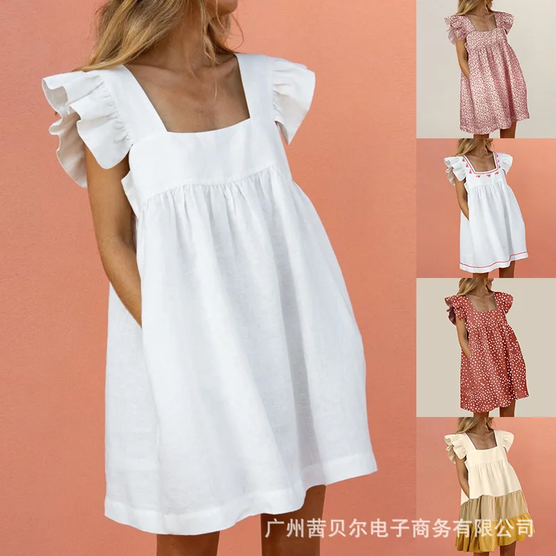 

WEPBEL Women Summer Dress Casual Loose Sleeveless Lotus leaf Style Square Collar Mini Dress With Pocket Beach Dress
