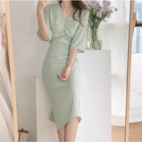 chic summer short sleeve women ruched dress o neck lace up female midi dress casual ladies solid clothes vestidos 2021