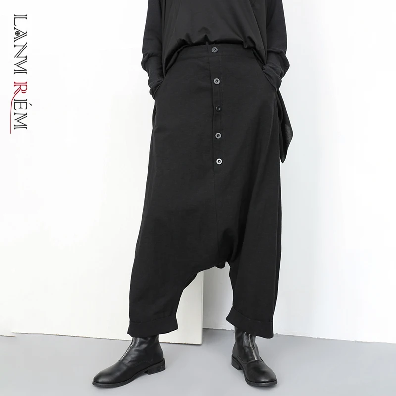 

LANMREM 2021 New Fashion Button Decoration Black Cross-pants For Women autumn Casual Elastic Waist Black Trousers Female YG25001