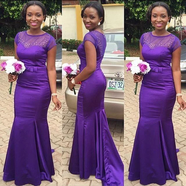 Aso Ebi фиолетовые искусственные бриллианты иллюзия круглый вырез закрытые рукава