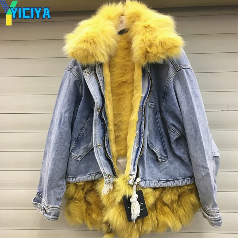 

YICIYA Real Fox fur collar thicker warm denim Jacket female winter hairy longe real fur coat women's jeans Jean jacket y2k met