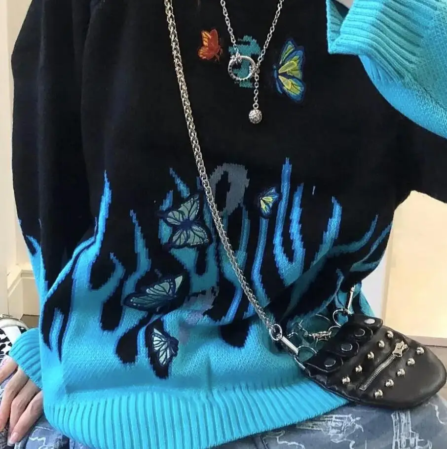 Вязаный свитер Woherb в стиле Харадзюку с эффектом пламени Женский пуловер