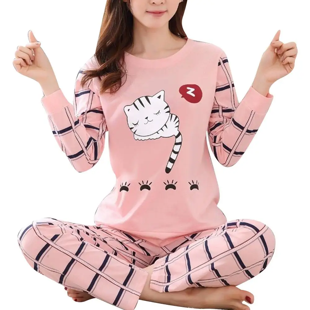 Winter Cute Cartoon Cat Print Pajama Set Women Two-pieces Long Sleeve Sleepwear Underwear Girls Pajama Sets