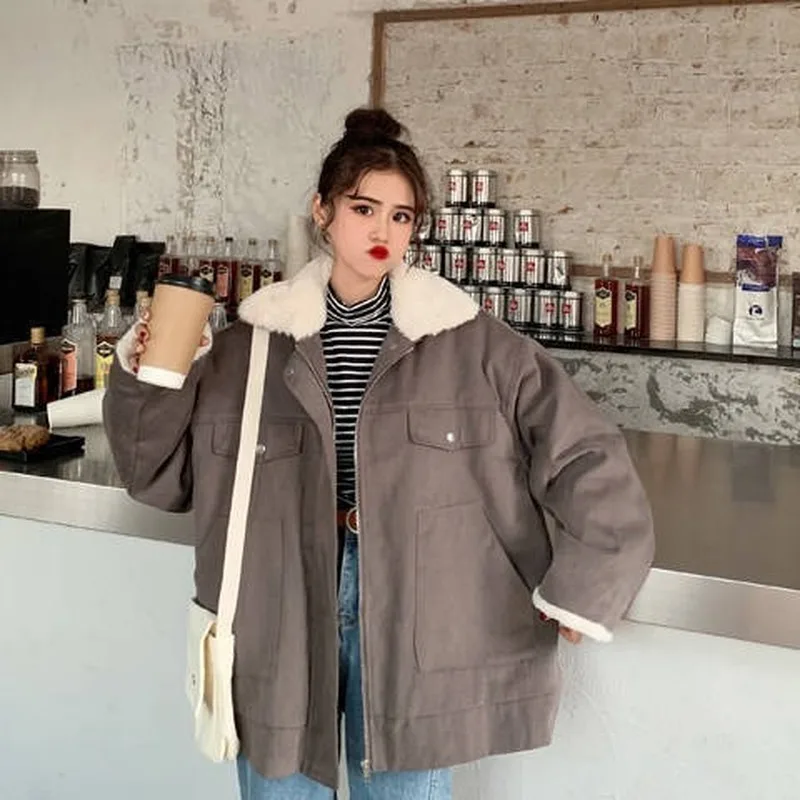 

Parkas Women Plus Size 3XL Thicken Winter Coats Reversible Solid Simple Lambs Wool Outerwear All-match Students Loose Warm Soft