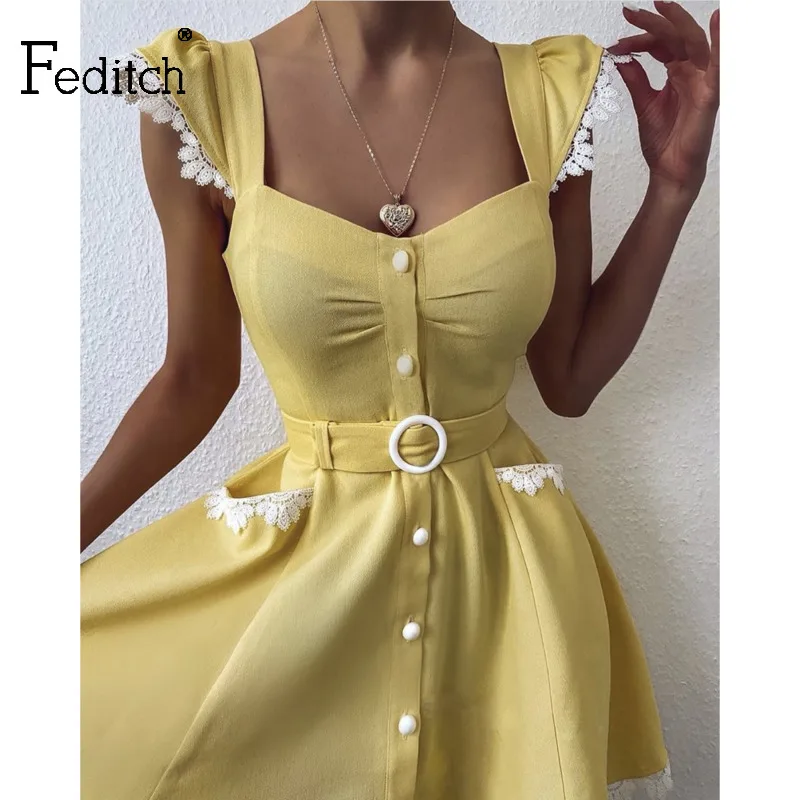 Feditch кружевное с пуговицами Мини Летнее платье для женщин без рукавов карманами и