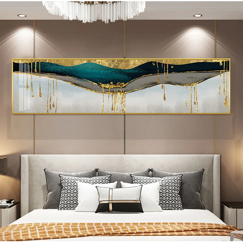 

Abstract green Golden blue Wall Art Gold line Shining Canvas Painting Poster Print Horizonta Picture for Living bed Room Decor