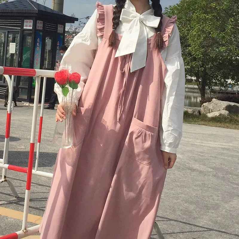 

Japanese Lolita Summer Women Midi Dress Suspenders Korean Sleeveless Pockets Dress Cute Kawaii Soft Sisters Pink Ruffles Dresses