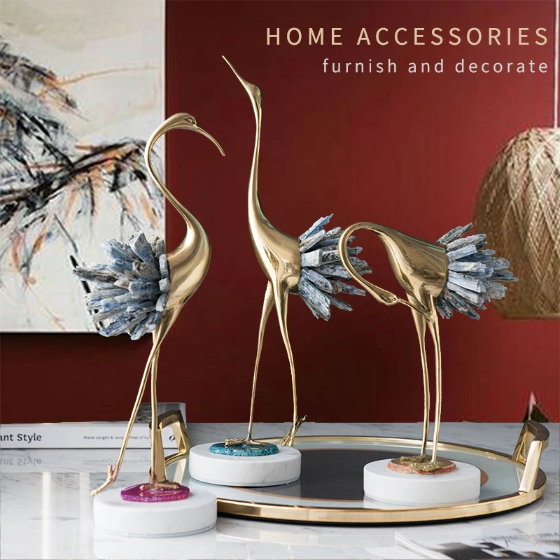 Роскошная золотая латунная статуя фламинго скульптура белый синий хрустальный