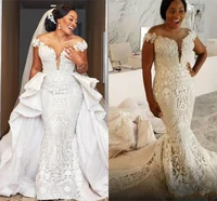 bling african mermaid wedding dresses off shoulder lace applique crystal sequins detachable train plus size formal bridal gowns