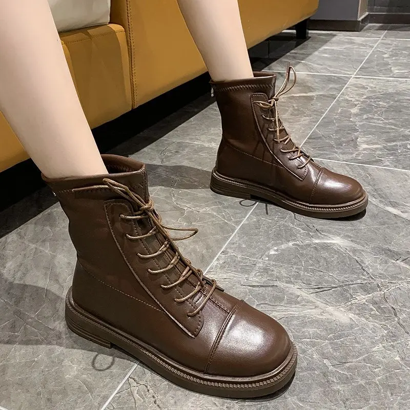 Hot Women's Boots Short Plush Black Brown Fashion Boots PU Leather Ankle Boots Casual Warm Martin Boots Boots Female Women Shoes