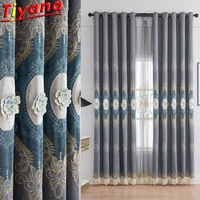 3d luxury embroidery tulle curtains for living room blue embossed flowers embroidery window drapes for bedroom villa vt