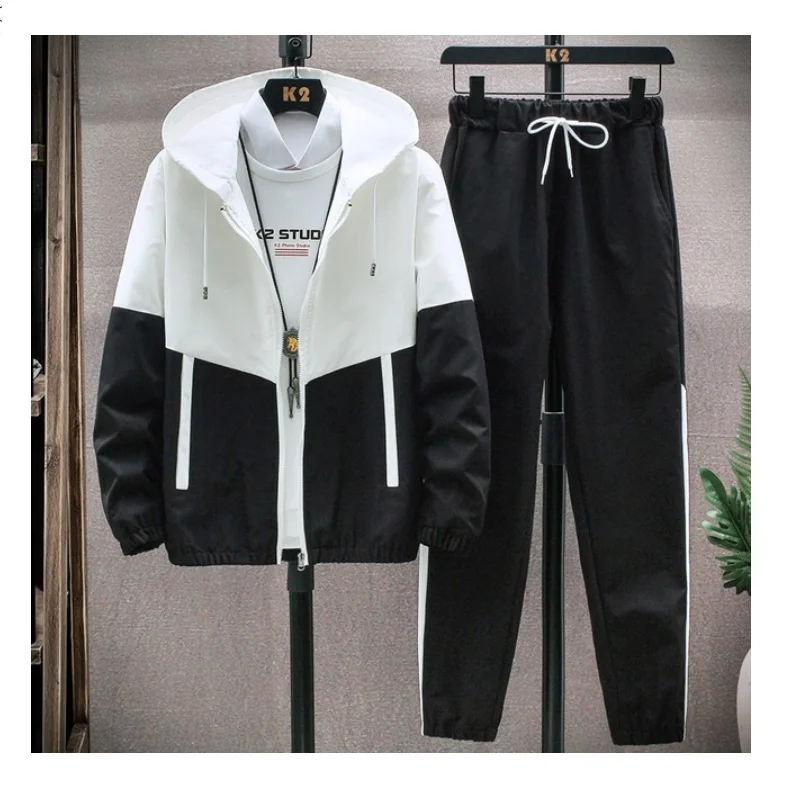 

Men Tracksuit Casual Hoodies Sets 2021 Spring New Male Jackets+Pants Two Piece Sets Hip Hop Streetwear Sports Suit Patchwork