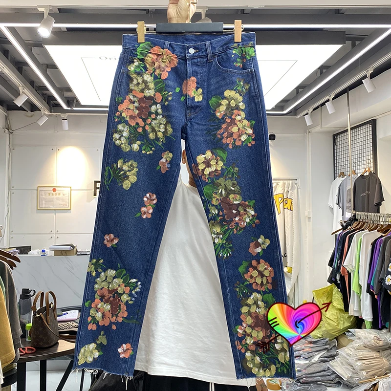

Color Ink Painting Flower Jeans Men Women High Quality Vintage Washed Distressed Graffiti Logo Denim Pants Chic Trousers