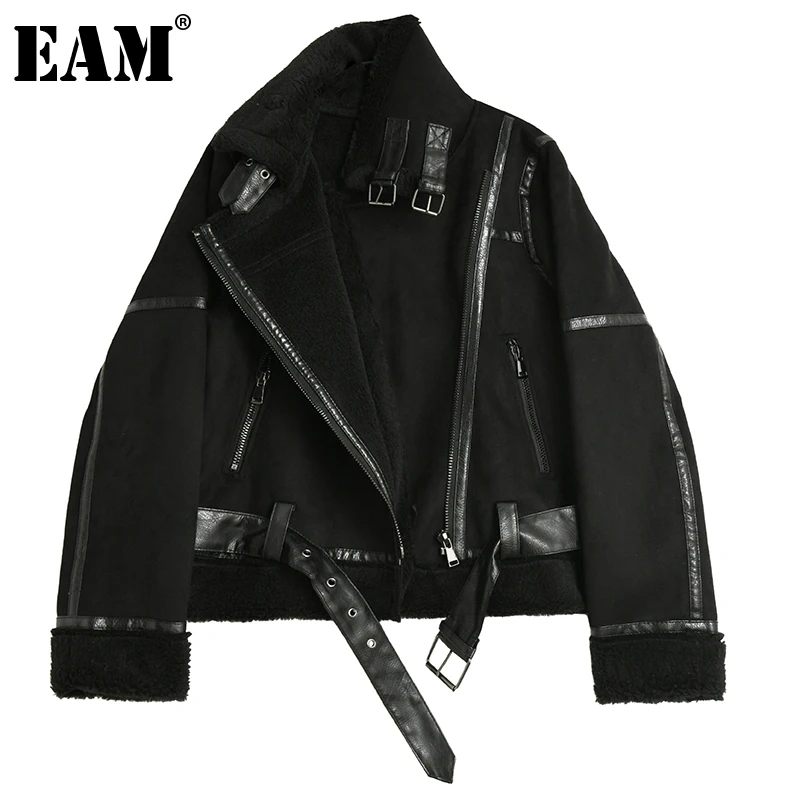 

[EAM] Свободная черная теплая куртка из овечьей шерсти большого размера, Новое Женское пальто с длинными рукавами и отворотом, модное весенне-...
