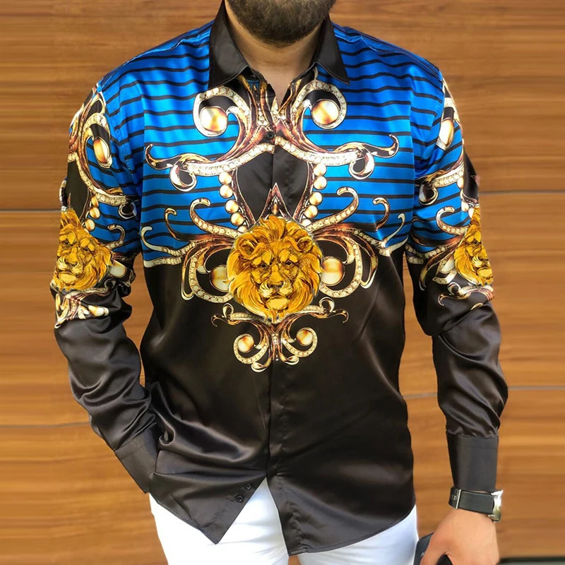 

2021 New Men's Shirt Long Sleeve Autumn Vintage Lion printing Slim Shirts Buttoned Tops Mens Turn-down Collar Shirt Streetwear
