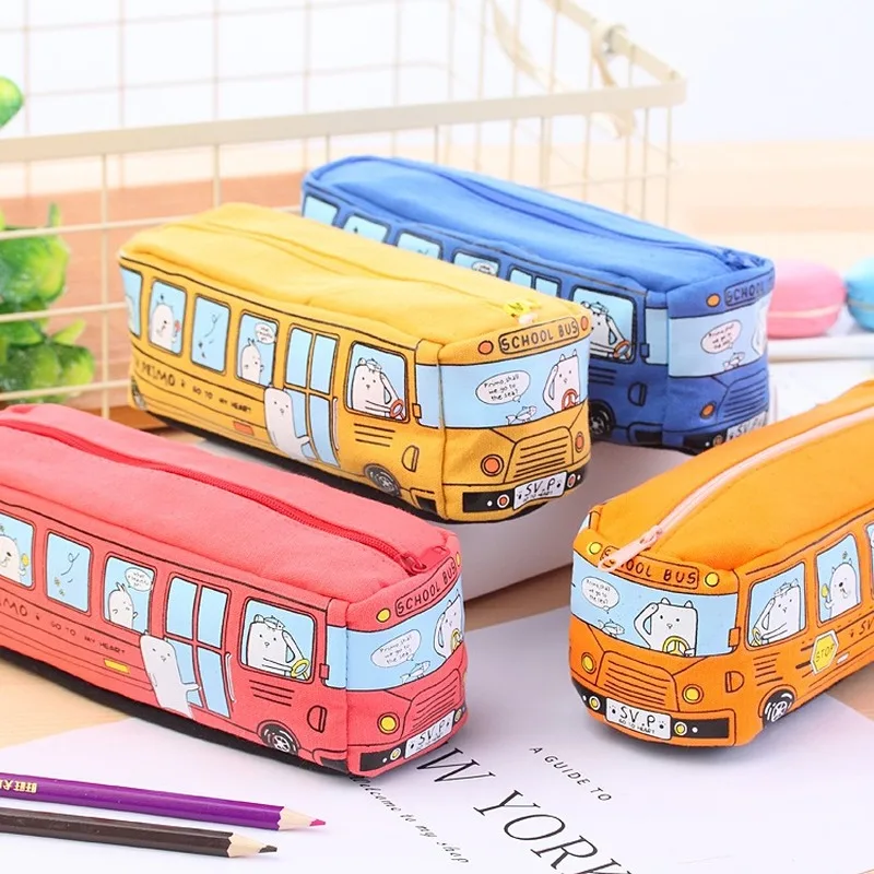

Cartoon Bus Pencil Bag Canvas Large Capacity Car Zipper Pen Pencilcase for Student Stationery School Supplies Pen Estojo Escolar