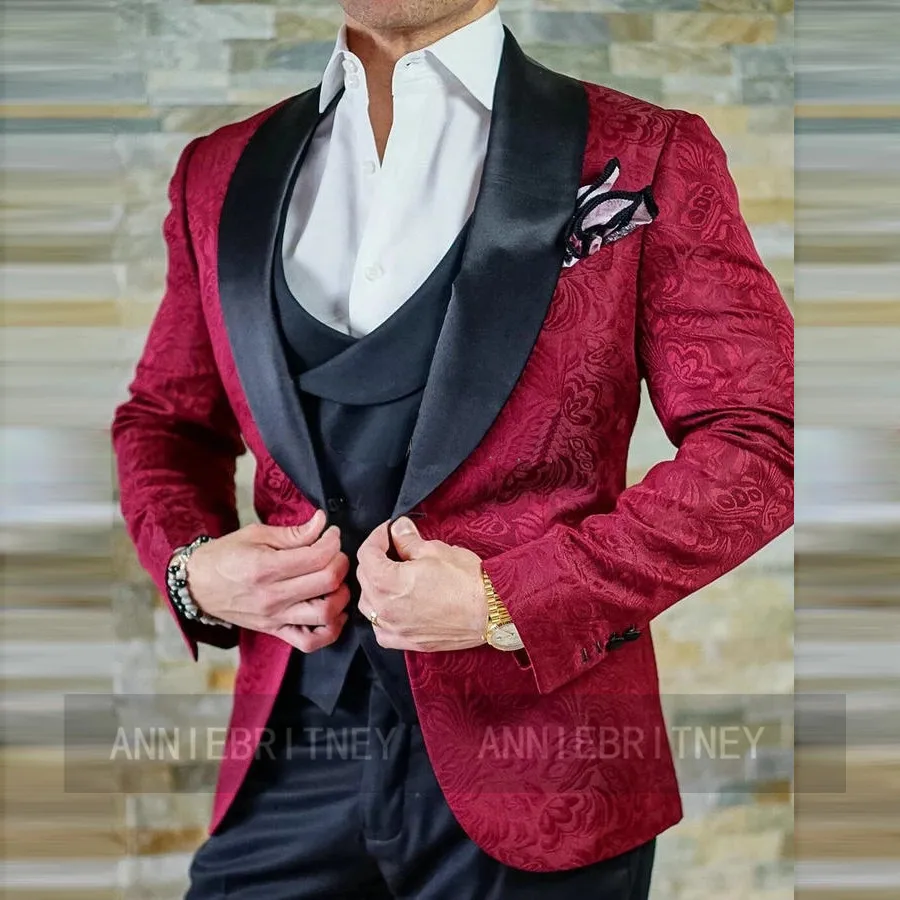 

Fashion Burgundy Jacquard Men Wedding Prom Suit Set Tailored Slim Fit Groom Marriage Tuxedo Dinner Blazer Vest with Pants 3 Pcs