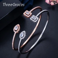 threegraces summer chic square and water drop cubic zirconal stone silver color adjustable open cuff bangles for ladies ba008