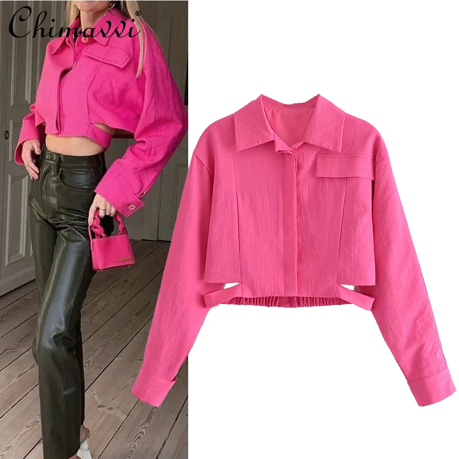 

Fashion Pink Casual Crop Jacket Coat Women's Long Sleeve Loose Hollow Out Jacket Female Slimming Oversized Korean Jackets