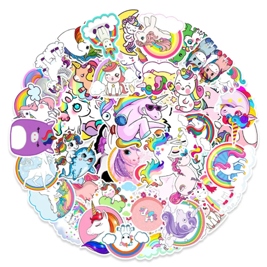 

10/3 /50PCS Cartoon Rainbow Colorful Unicorn Graffiti Decoration Guitar Suitcase Scooter Waterproof Sticker Toy Wholesale
