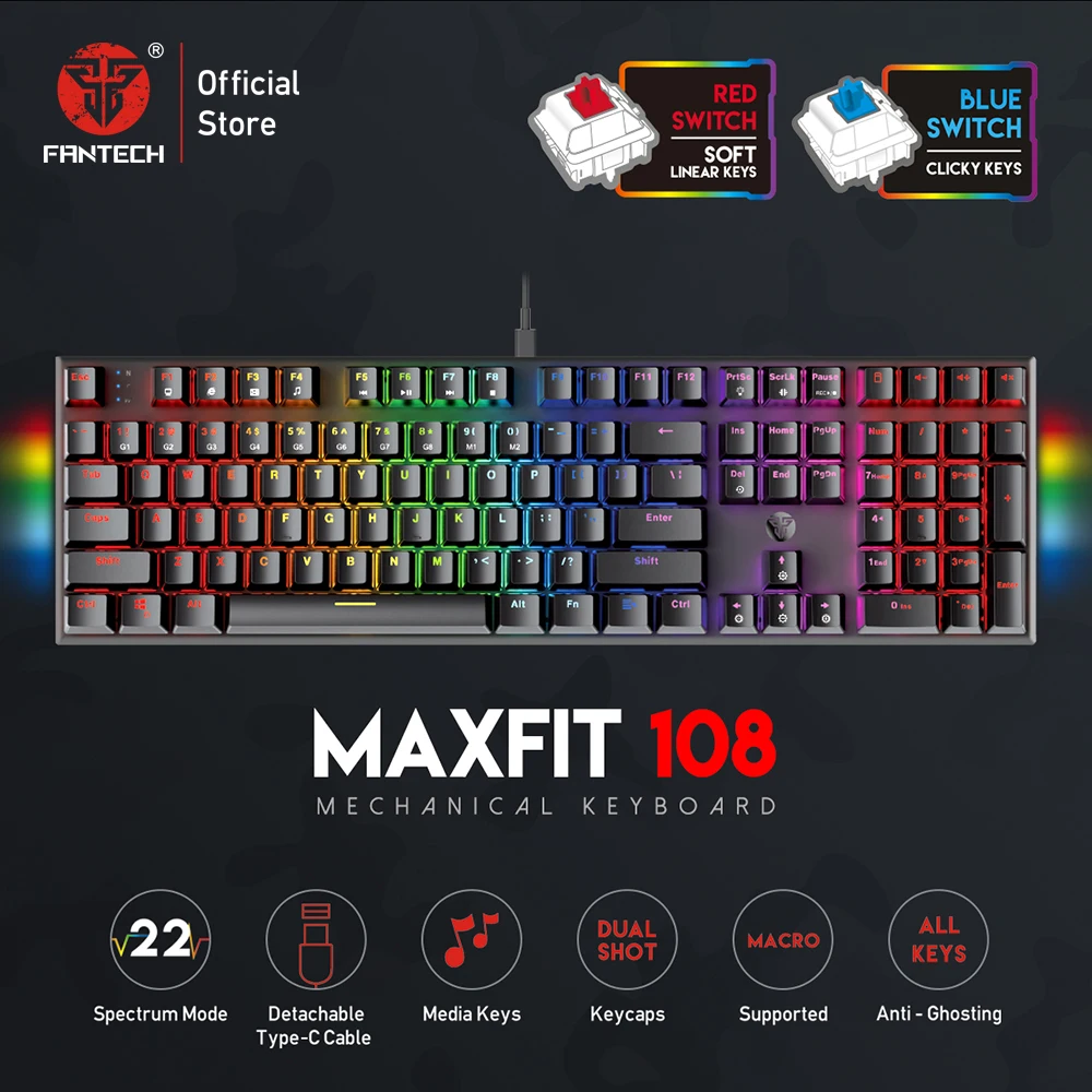 

Механическая клавиатура FANTECH MAXFIT108 с 108 клавишами и колпачком из АБС-пластика, игровая клавиатура с защитой от фиктивных нажатий для макросъ...