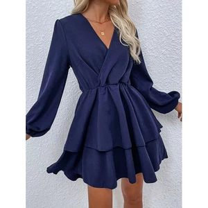 2021 Autumn and Winter Fashion New Vestidos Casual Splicing Hedging Solid Color V-Neck Long-Sleeved Mid-Length Dress Women Y2k