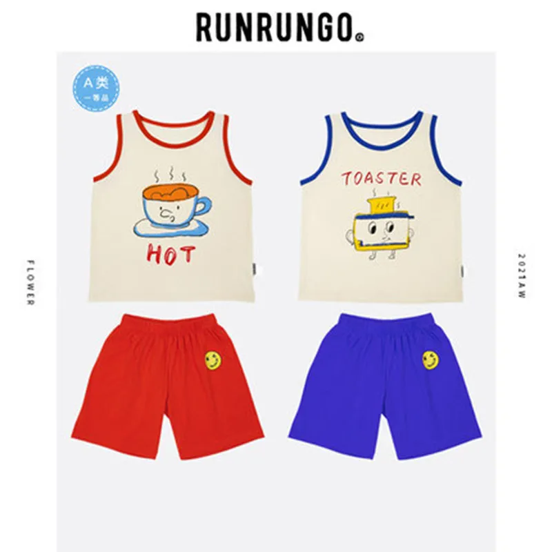 

Summer Boys' Suit Leisure Sports Pure Cotton Cartoon Print Sleeveless Bottomed Out Vest Large PP Shorts Two Piece Set 2021 NEW
