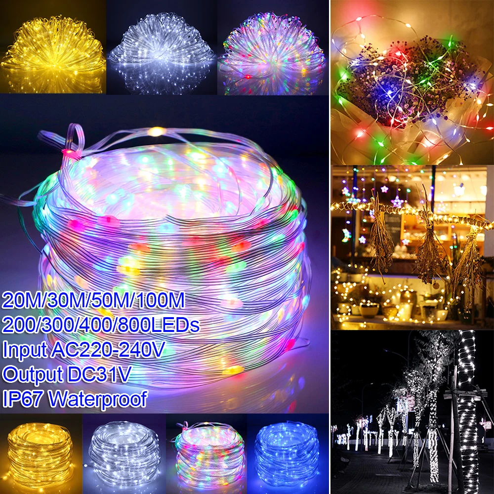 

20M-100M LED String Lights IP67 Waterproof Fairy Lamp With 8 Modes Christmas Garden Decoration 220-240V Outdoor Party Lighting