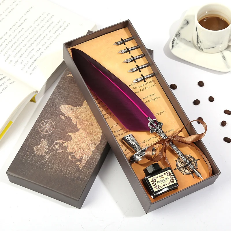 

1set Retro Vintage Calligraphy Feather Dip Pen Writing Ink Set Stationery Quill Fountain Pens Creative Vintage Pen Dropshipping