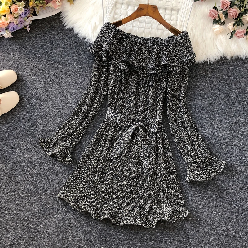 2020 New Slash Neck Ruffles Print Women Dress Korean Sashes Lacing Mini Pleated Dresses Beach Style Vestidos Femme | Женская одежда