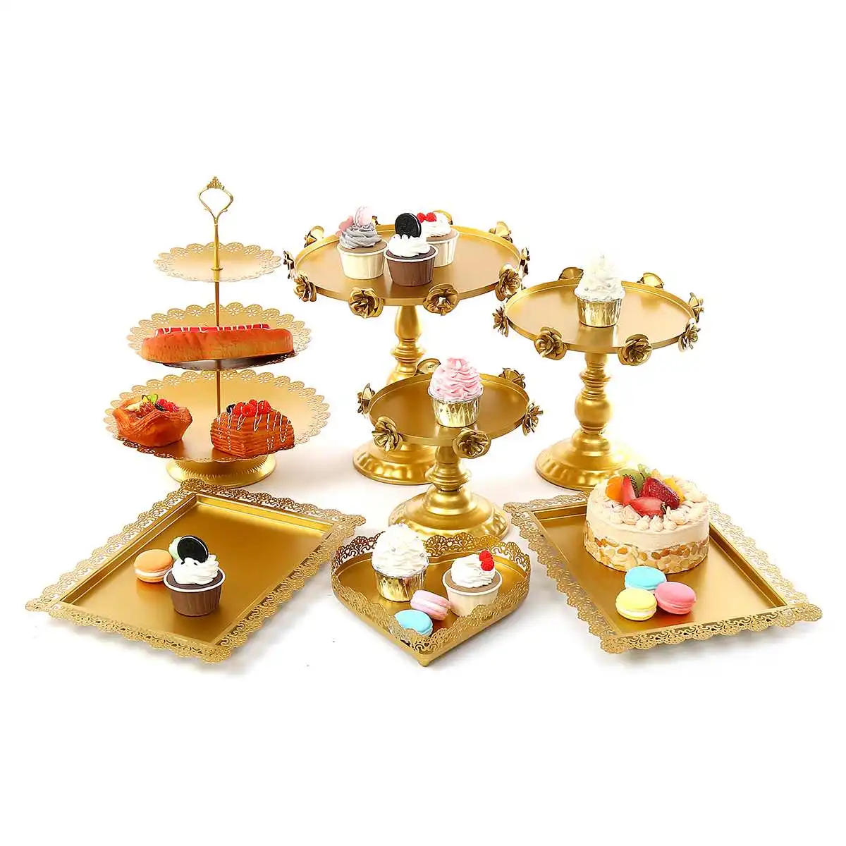 

7Pcs Gold Metal Rose Fondant Cupcake Stand Set Cake Dessert Display Tools Wedding Party Decoration Bakeware Accessory