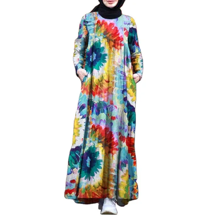 

Art leisure home stitching printing loose cotton hemp swing dress