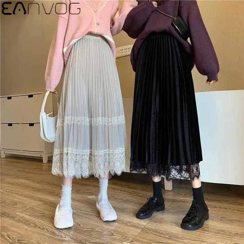 

Autumn New Women Super Fairy Lace Spliced Velvet Skirt Winter High Quality Elegant Tulle Long Pleated Skirt falda mujer Saias