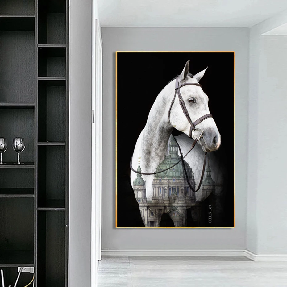 

European Abstract Gold Foil Lines Ancient Architecture Horse Canvas Painting Poster Wall Art Gift Entrance Living Room Art Decor