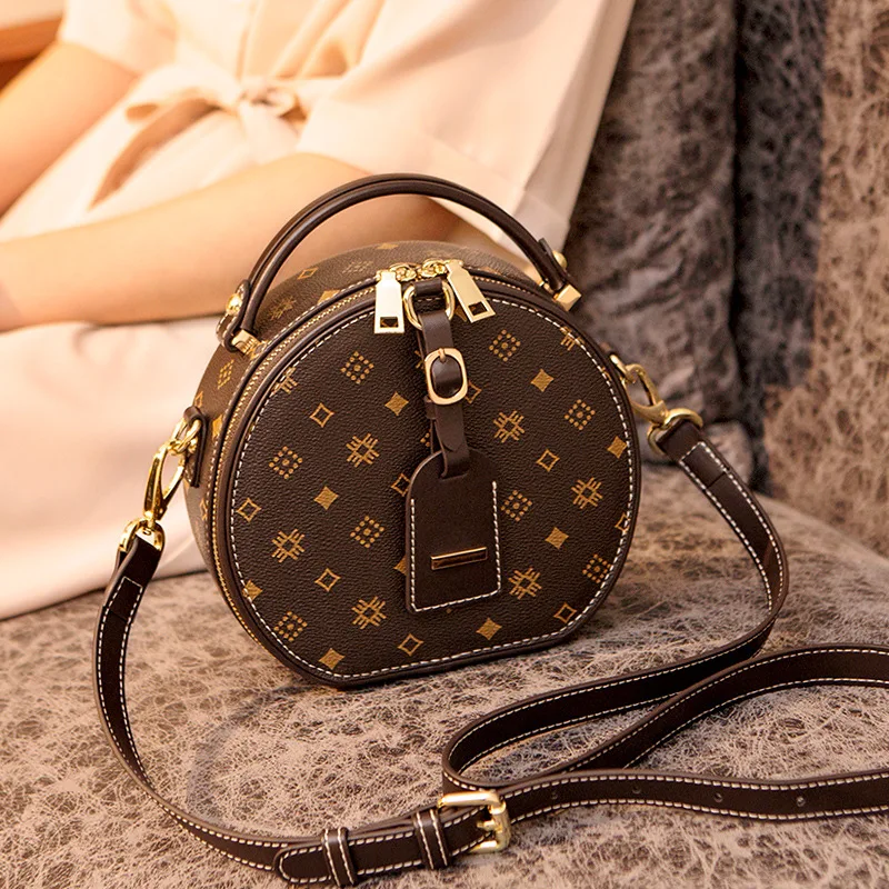 

Genuine Women Women Mini Circular Bags 2021 New Fashion Vintage Print One Shoulder Bags Ladies Famous Handbags Bolsos Para Mujer