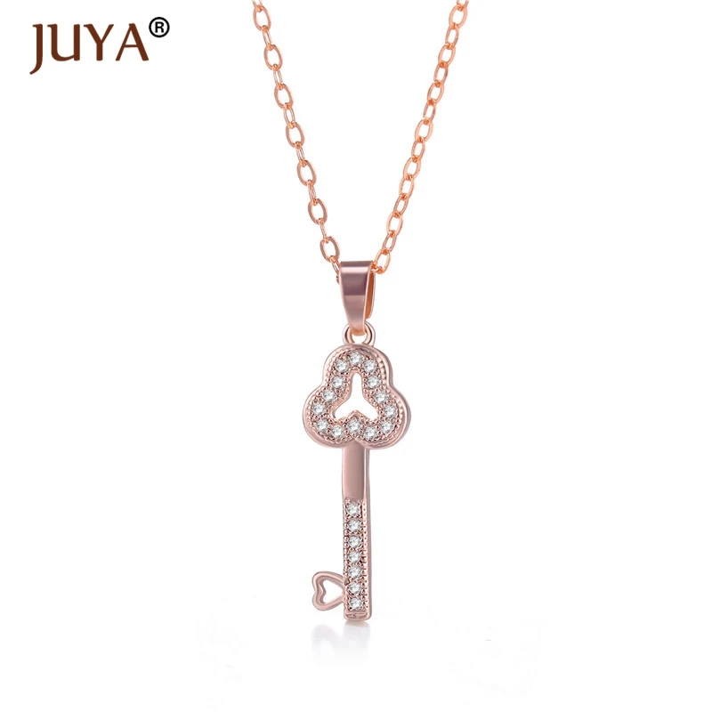 fashion statement necklaces for women Luxury Jewelry Copper Zircon Rhinestone Key Pendants Necklace Silver Femme