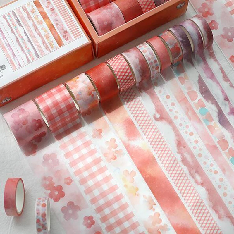 

12 Rolls/Box Tapes Set Washi Paper Red Flowers and Grids Decorative Tape Stickers Label Journal Decoration