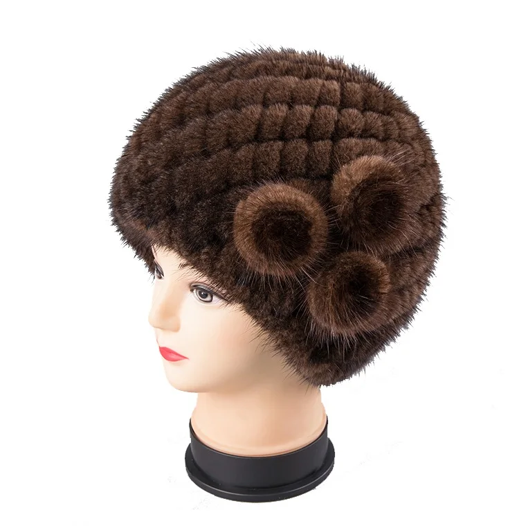 2023 new flower Women Russian Women Natural Fur cap Luxury knit mink fur hat beanie winter fur hat