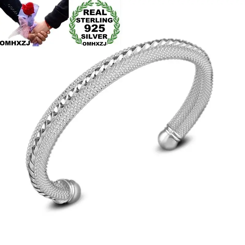 

OMHXZJ Wholesale Personality Fashion OL Woman Girl Gift Silver Middle Line Open 925 Sterling Silver Cuff Bangle Bracelet BR173