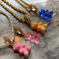 new shiny zircon bear charm pearl beaded choker necklace for women colorful gummy bear choker metal chain necklace party jewelry