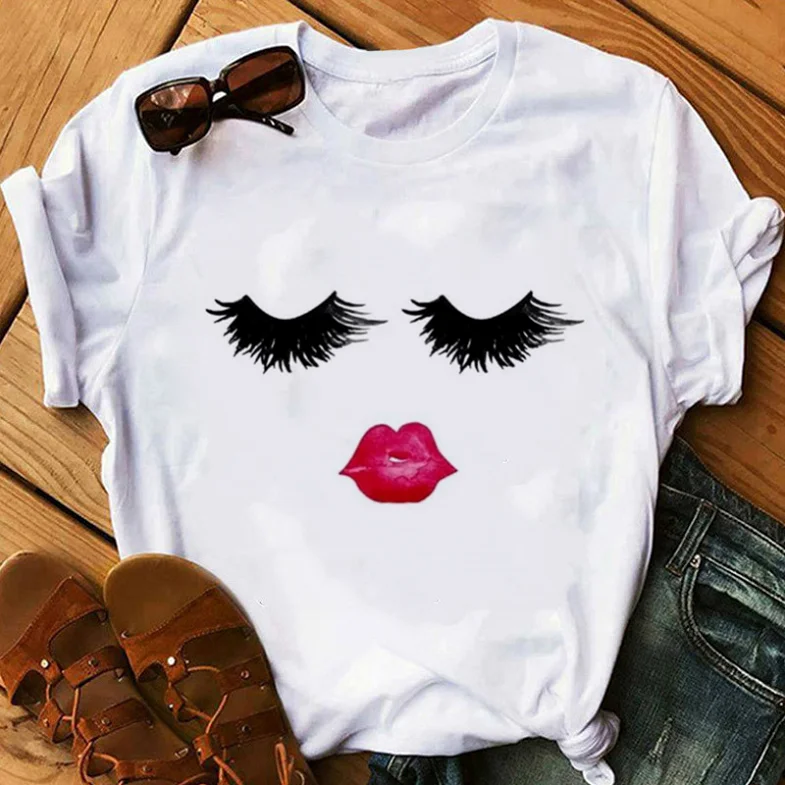 

Women Tshirt Beauty Aesthetic Eyelashes Print Tshirt Harajuku Makeup Art Eyelashes Female T-shirt Vogue Kawaii 90s Tees