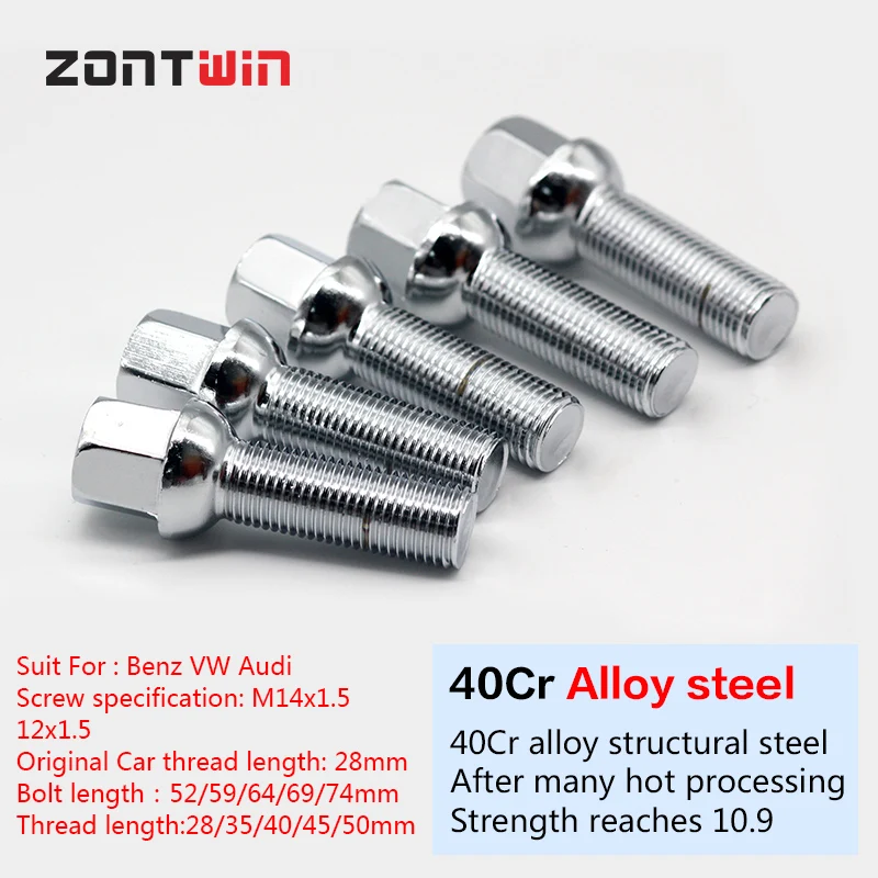16/20Piece Car Alloy Wheel Nuts Bolts Screw For Benz-Audi-VW Golf 4/5/6/7 A4/A5/A6 TT Thread length 28/35/40/45/50mm M14 x 1.5