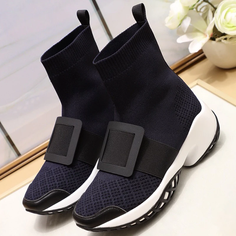 Высокие зимние вязаные ботинки 2019 г. Высококачественные кроссовки на платформе