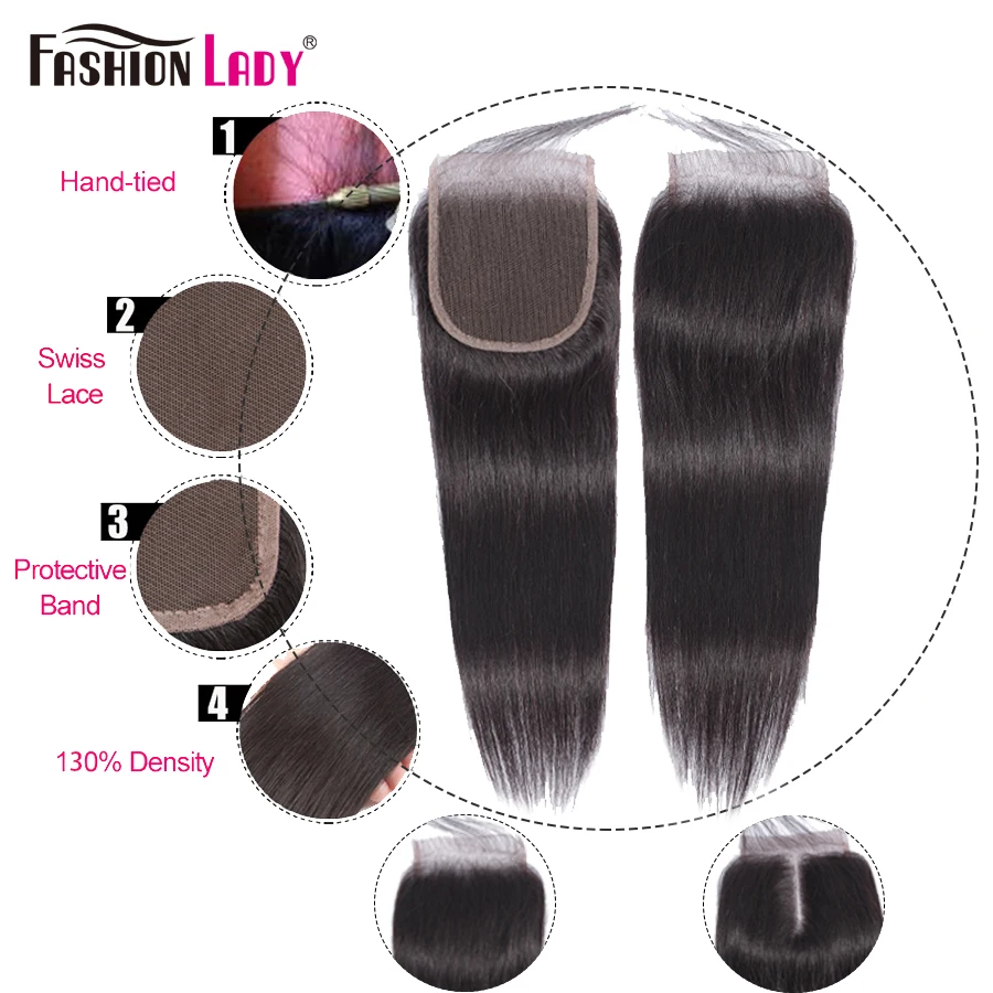 

Fashion Lady Human Hair Brazilian Straight Weave Middle Part Closure 4x4 Lace Closure Bleached Knots Non-remy