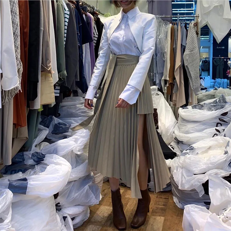 

Женская плиссированная юбка цвета хаки, асимметричная винтажная повседневная юбка до середины икры с поясом и высокой талией, весна 2021